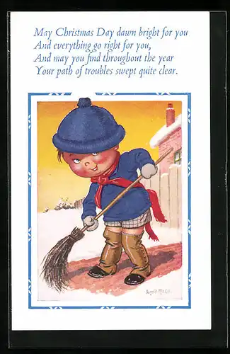 Künstler-AK Donald McGill: May Christmas Day dawn bright for you..., Kleiner Schneefeger