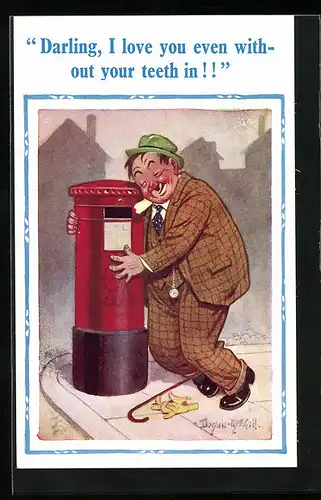 Künstler-AK Donald McGill: Darling I love you..., Betrunkener schmust mit dem Briefkasten