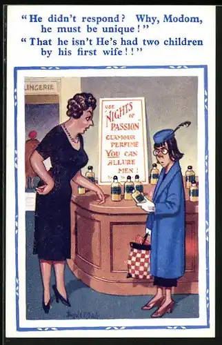 Künstler-AK Donald McGill: He didn`t respond?..., Parfum zum Anlocken von Männern funktioniert nicht
