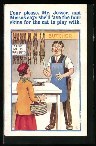 Künstler-AK Donald McGill: Frau kauf Hasen beim Schlachter