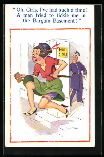 Künstler-AK Donald McGill: A man tried to tickle me in the Bargain Basement