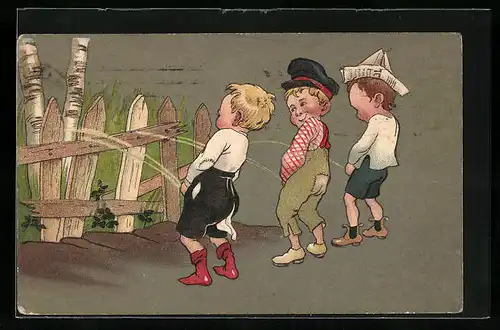 AK Drei Knirpse verrichten ihr Geschäft am Gartenzaun, Toilettenhumor