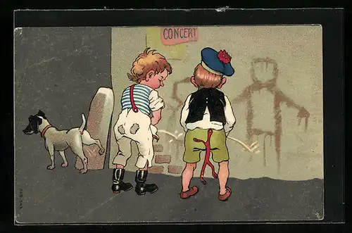 AK Zwei junge Knaben urinieren mit einem Hund an die Hauswand, Toilettenhumor