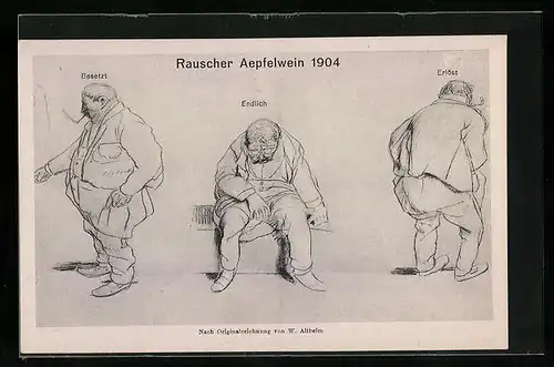 Künstler-AK Rauscher Aepfelwein 1904, Posen eines Herren vor und nach dem Geschäft, Toilettenhumor