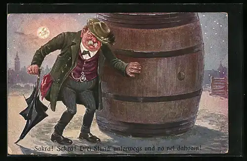 Künstler-AK Betrunkener hat sich auf dem Heimweg verlaufen, Trinkerhumor