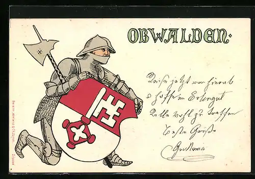 AK Obwalden, Ritter mit Hellebarde und dem Wappen des Schweizer Kantons