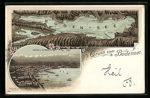 Lithographie Bregenz, Topographische Karte des Bodensees