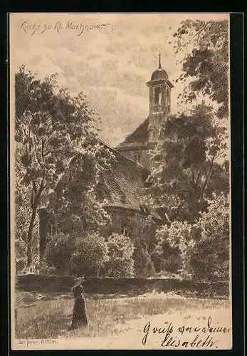 Künstler-AK Klein-Machnow, Frau vor der Kirche