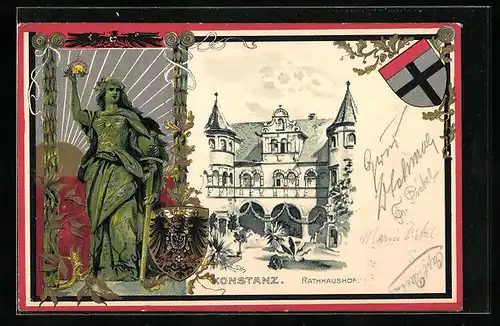 Passepartout-Lithographie Konstanz, Rathaushof, Germania und Wappen