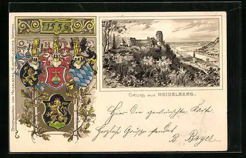 Passepartout-Lithographie Heidelberg, Schloss und Blick auf den Neckar