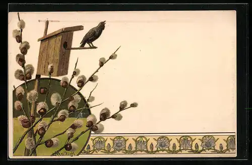 Künstler-AK Alfred Mailick: Vogelhäuschen mit Rabenvogel, Weidenkätzchen