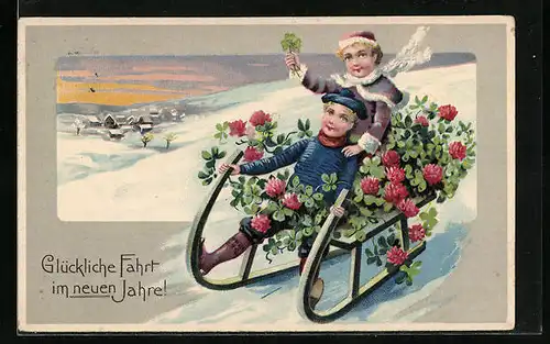 Präge-AK Neujahrsgruss, Kinder fahren Schlitten