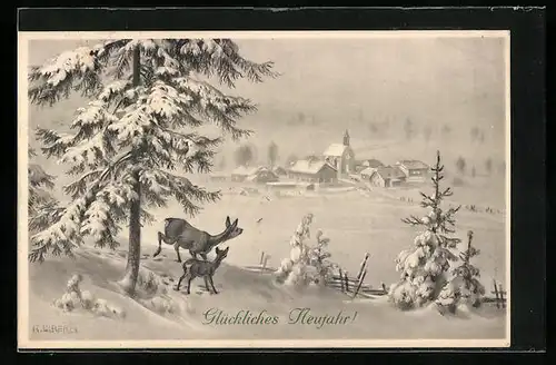 Künstler-AK R. Ulreich: Reh mit Jungtier in winterlicher Landschaft