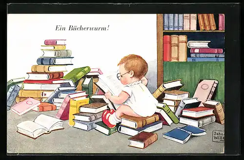 Künstler-AK John Wills: Kleines Kind ist ganz vertieft in die Bücher, Bücherwurm