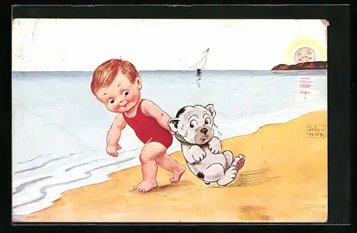 Künstler-AK John Wills: Kind schleppt Hund mit ins Meer, Sonne mit Gesicht