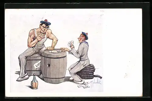 AK Zwei Matrosen mit Weinflasche beim Kartenspiel