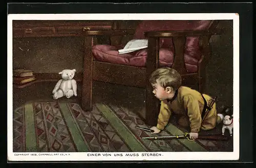 AK Einer von uns muss sterben, Kleiner Junge mit Spielzeuggewehr und Teddy