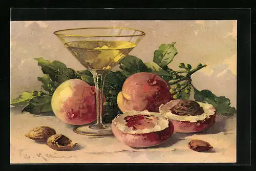 Künstler-AK Catharina Klein: Champagnerglas mit Pfirsichen und Mandeln