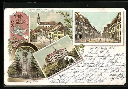 Lithographie Stockach, Krieger-Denkmal, Krankenheilanstalt, Kath. Kirche