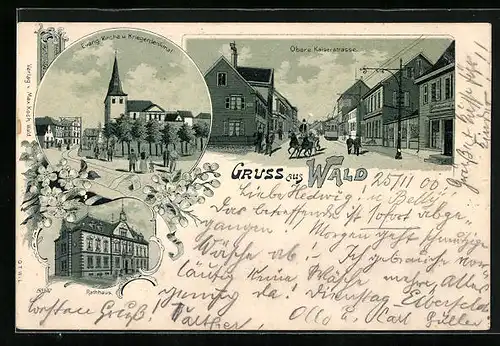 Lithographie Wald / Solingen, Rathaus, Obere Kaiserstrasse, Evang. Kirche