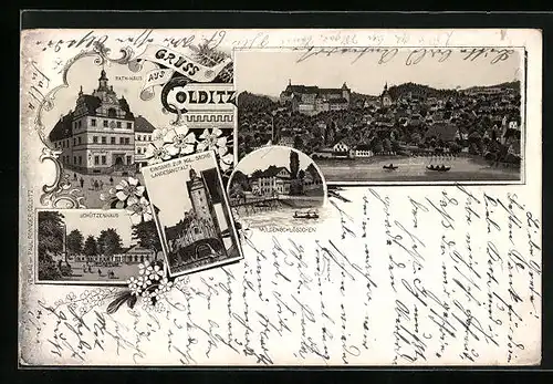 Lithographie Colditz, Rathaus, Schützenhaus, Muldenschlösschen