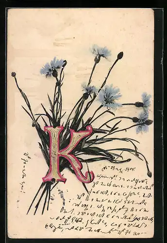 Künstler-AK Buchstabe K mit blauen Blumen