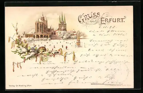 Winter-Lithographie Erfurt, Blick auf den Dom