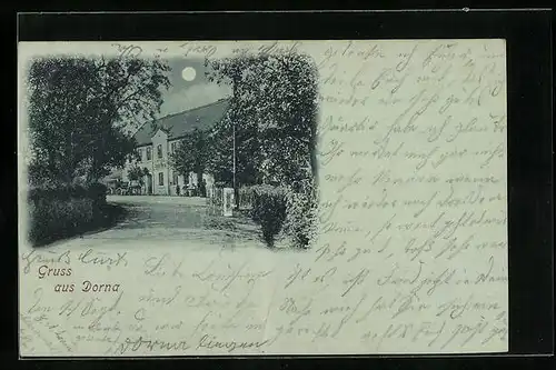 Mondschein-AK Dorna, Strassenpartie mit Dorfgasthaus