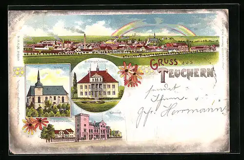 AK Teuchern, Rittergut Schloss, Kirche, Bahnhof