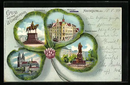 Passepartout-Lithographie Magdeburg, Würzburger Hofbräuhaus, Dom, Kasier- und Bismarck-Denkmal, Kleeblatt