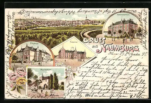Lithographie Naumburg, Kaserne, Mädchenschule, Marienthor, Gesamtansicht