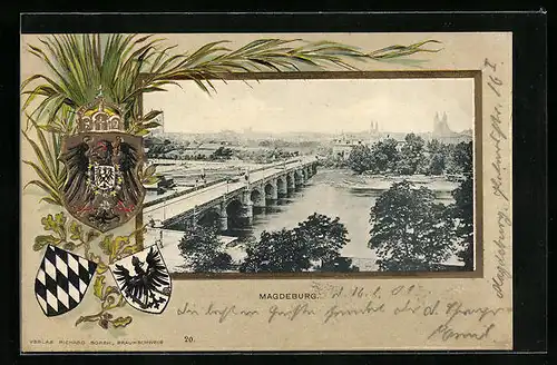 Passepartout-Lithographie Magdeburg, Brücke und Fluss mit Blick auf die Stadt, Wappen