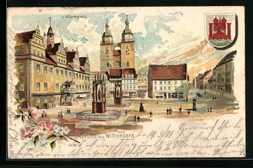 Lithographie Wittenberg, Marktplatz mit Kirche und Wappen