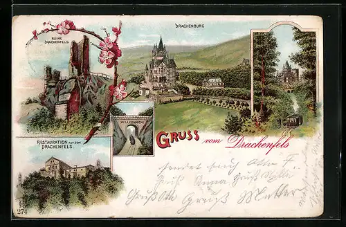 Lithographie Königswinter, Restaurant auf dem Drachenfels, Drachenburg, Ruine