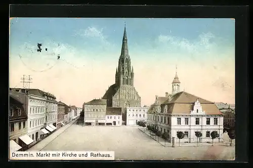 AK Demmin, Markt mit Kirche und Rathaus