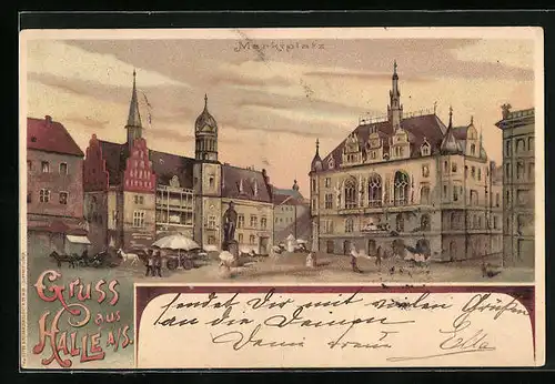 Lithographie Halle a. S., Blick auf den Marktplatz