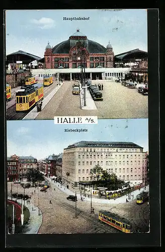 AK Halle a. S., Strassenbahnen vor dem Bahnhof, Riebeckplatz