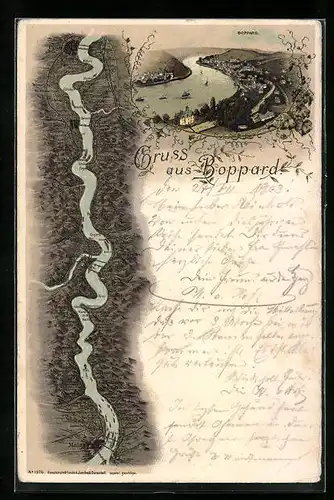 Lithographie Boppard, Totalansicht, Karte der Flusspartie