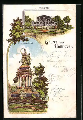 Lithographie Hannover, Neues Rathaus und Kriegerdenkmal