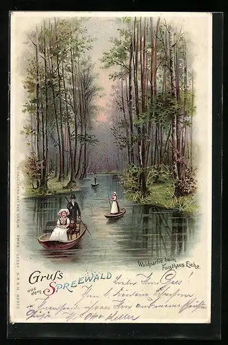 Lithographie Lübbenau / Spreewald, Waldpartie beim Forsthaus Eiche