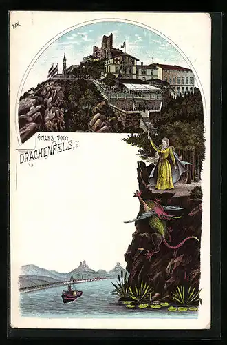 Lithographie Drachenfels, Panoramaansicht