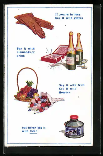 Künstler-AK Donald McGill: If you`re in love say it with gloves...but never say it with INK