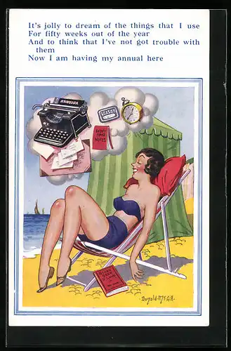 Künstler-AK Donald McGill: ...Now I am having my annual here