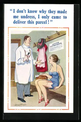 Künstler-AK Donald McGill: I don`t know why they made me undress...