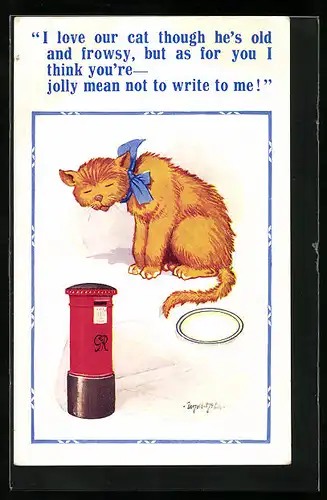 Künstler-AK Donald McGill: I love our cat though he`s old and frowsy, ....