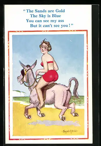 Künstler-AK Donald McGill: ... You can see my ass, ..., Frau in Bikini reitet auf einem Esel