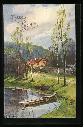 Künstler-AK August Splitgerber: Ostergrüsse, Landhaus mit blühenden Birken, Ruderboot