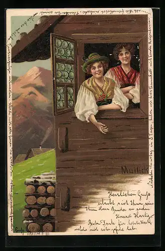Künstler-AK Alfred Mailick: Kinder in Trachten in einer hölzernen Berghütte