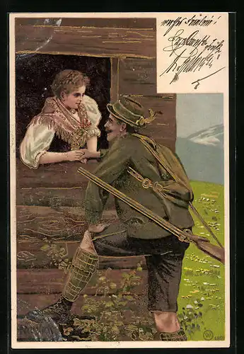 Künstler-AK Alfred Mailick: Jäger mit Flinte beim Anbandeln mit einem Mädchen