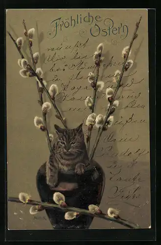 Künstler-AK Alfred Mailick: Ostergrüsse, Hauskatze in Vase mit Weidenzweigen